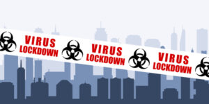 City with virus infection lockdown tape. Virus epidemic safety barrier vector.